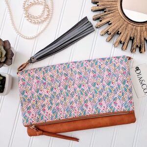 NWT Dia & Co Magnetic Zipper Pink Floral Tan Gold Chain Clutch Crossbody Purse